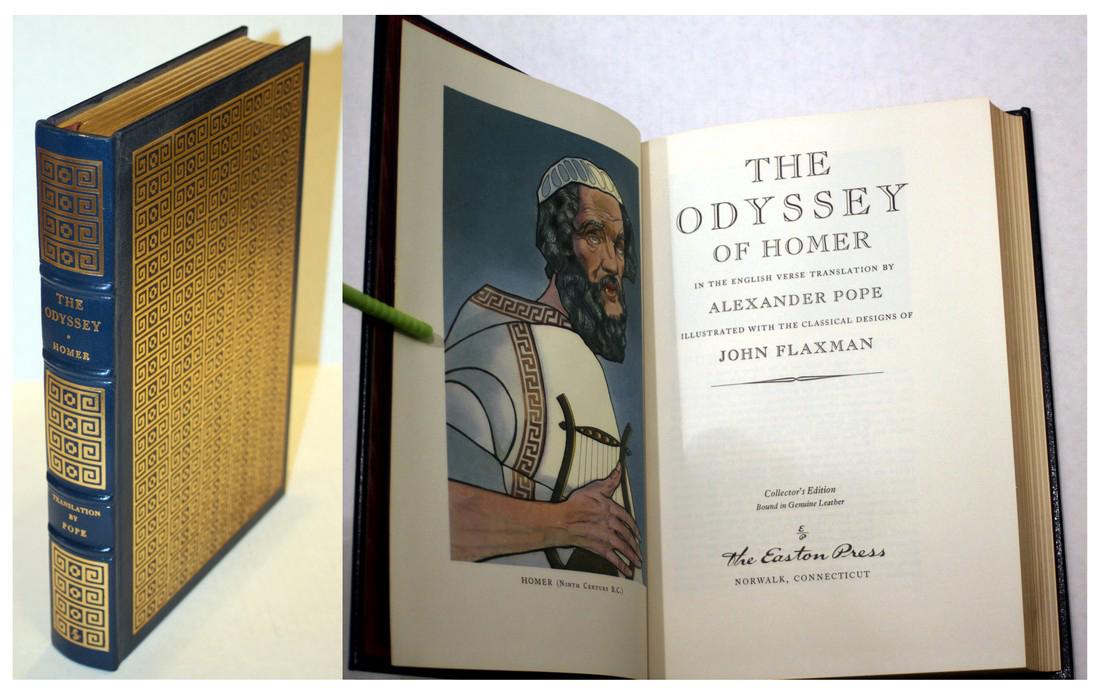 Homer: The Odyssey, 1978: Book Title: The Odyssey Author: Homer with Mr. Dryden's Introduction Illustrator: John Flaxman Translator: Alexander Pope Publisher: Easton Press - Norwalk, Connecticut Date: 1978 Material: Leather Bi