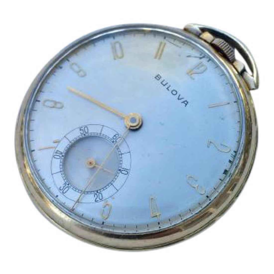 Vintage Bulova Gold Filled Pocketwatch, 1950's: Item: Vintage Bulova Pocketwatch Date: 1950's Size: 12 Metal: Gold filled case Dial: Arabic numbers Case: 45mm Condition: Running fine Bulova was founded and incorporated as the J. Bulova Company in 1