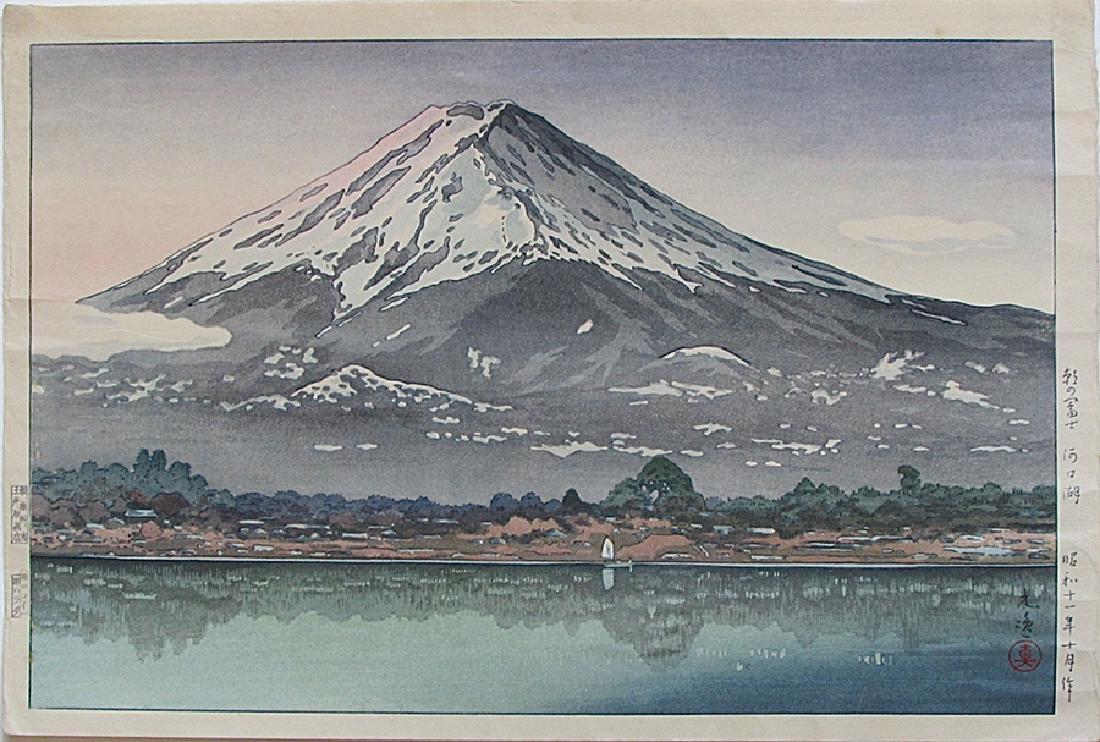 Koitsu Tsuchiya: Morning Fuji, Lake Kawaguchi: Artist: Koitsu Tsuchiya Title: Morning Fuji, Lake Kawaguchi Series: Views of Japan Date: Post-war Medium: Japanese Woodblock Print Size: Dai-oban 42 x 28.2 centimeters Publisher: Doi Hangaten Carver/P