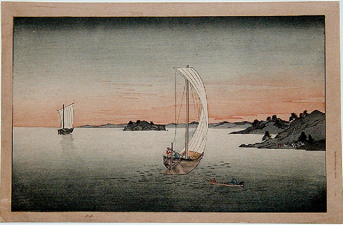 Koho Shoda: Sunset on Suruga Bay: Artist: Koho Shoda Title: Sunset on Suruga Bay Date: 1930's Medium: Japanese Woodblock Print Size: Oban, 38.5 x 25 centimeters Publisher: Nishinomiya Yosaku Seal: Koho Koho Shoda (ca. 1871-1946) was a