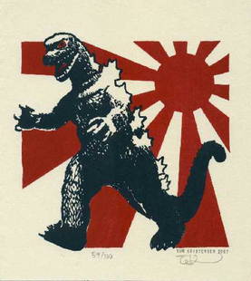 Tom Kristensen: Godzilla & Japanese Flag+Bonus Print: Artist: Tom Kristensen Title: Godzilla and Japanese Imperial Flag Series: Kaiju Manga: Godzilla Edition #59/100 Date: 2006 Medium: Japanese Woodblock Print Size: 7.2 x 7.4 inches Self-carved/self-prin