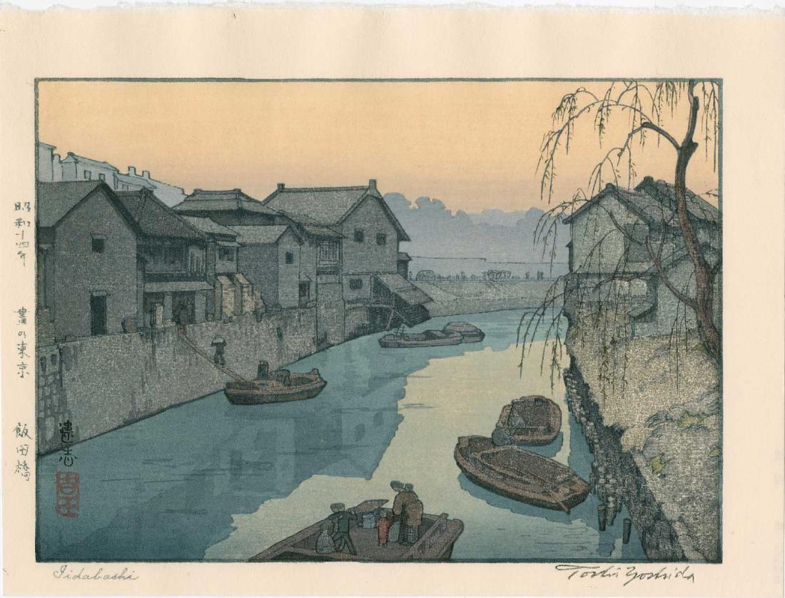 Toshi Yoshida: Iidabashi: Artist: Toshi Yoshida Title: Iidabashi Date: 1939 Medium: Japanese Woodblock Print Size: 10.75 x 8 inches Later embossed signature edition, Yoshida Studio Toshi Yoshida (1911-1995) was a Japanese prin