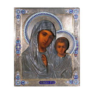 Antique Russian Our Lady of Kazan Icon 1840-70: Domestic: Free ShippingItem: Antique Russian Our Lady of Kazan IconDate: 1840-70'sMaterial: Egg tempera on wood with gold leafSilver riza with hallmarks 84, ONMSize: 8.75 x 10.5 x 1 inchesComes with