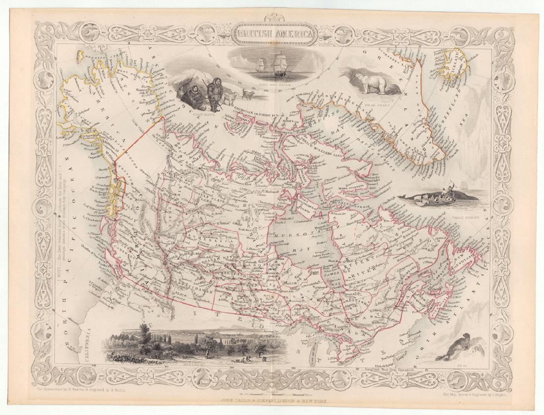 John Rapkin: Map of British America, 1851: Map: British America Cartographer: John Rapkin Illustrator: H. Warren Publisher: John Tallis & Company Published: London and New York, 1851 Size: 10 x 13 inches Extremely clean, authentic antique map 