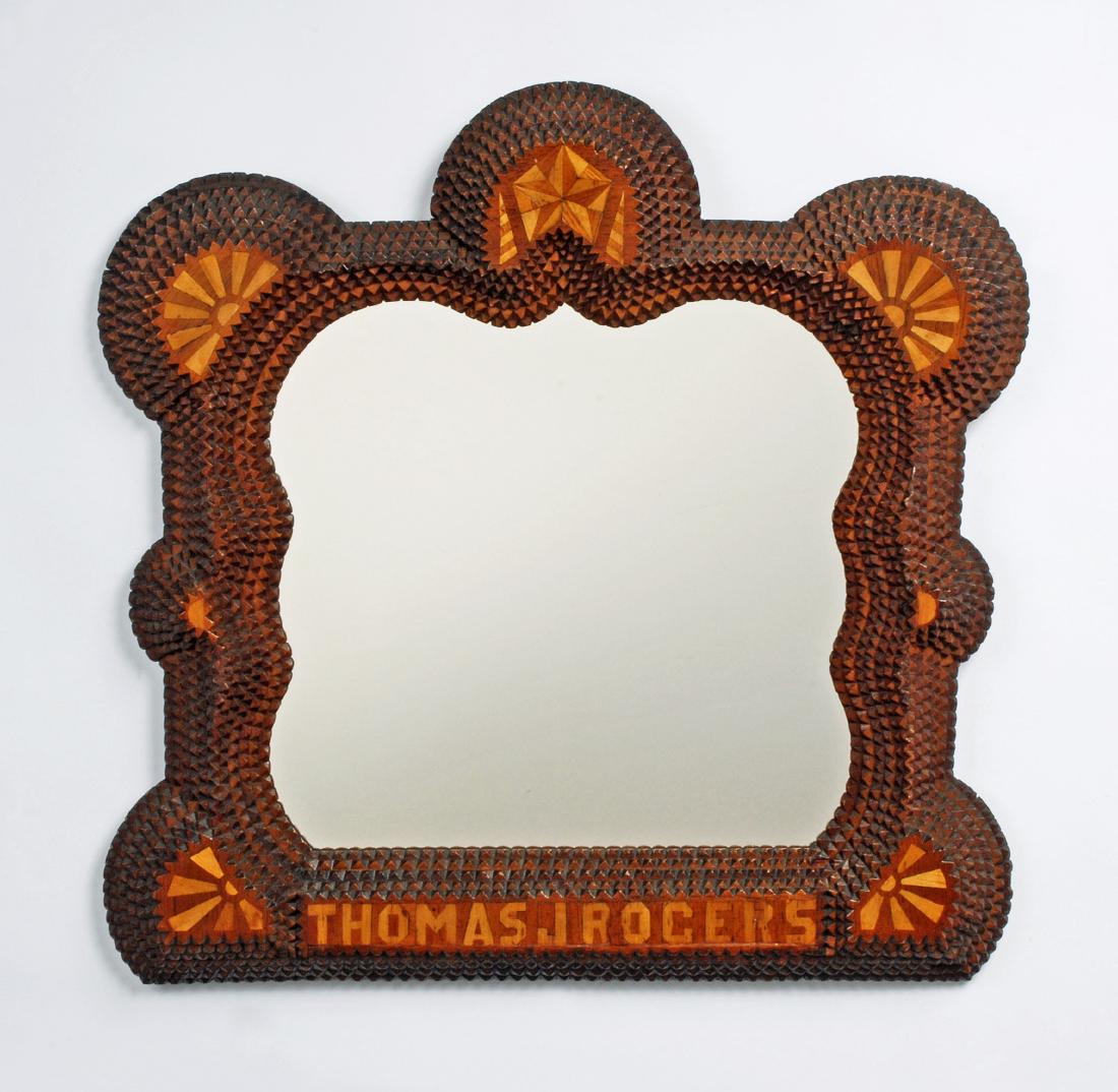 Tramp Art Mirror with Folk Marquetry Star & Fans (1 of 7)