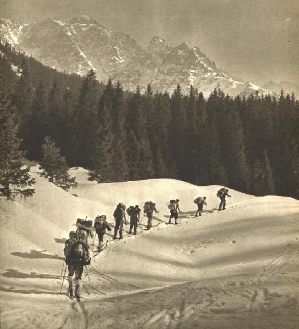 Vilem Heckel: Cross Country Skiers on High Tatras: Print Title: Cross Country Skiers on High Tatras Artist: Vilem Heckel Printing Date: 1956 Medium: Sheet fed Copper plate gravure Printing Location: Prague Image Size: 8.25 x 9.25 inches Vilem Heckel w