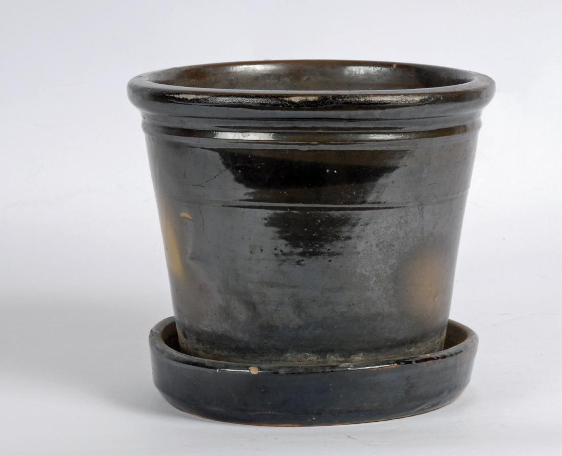 Late 19th C Albany Slip Glazed Flower Pot with Saucer (1 of 3)