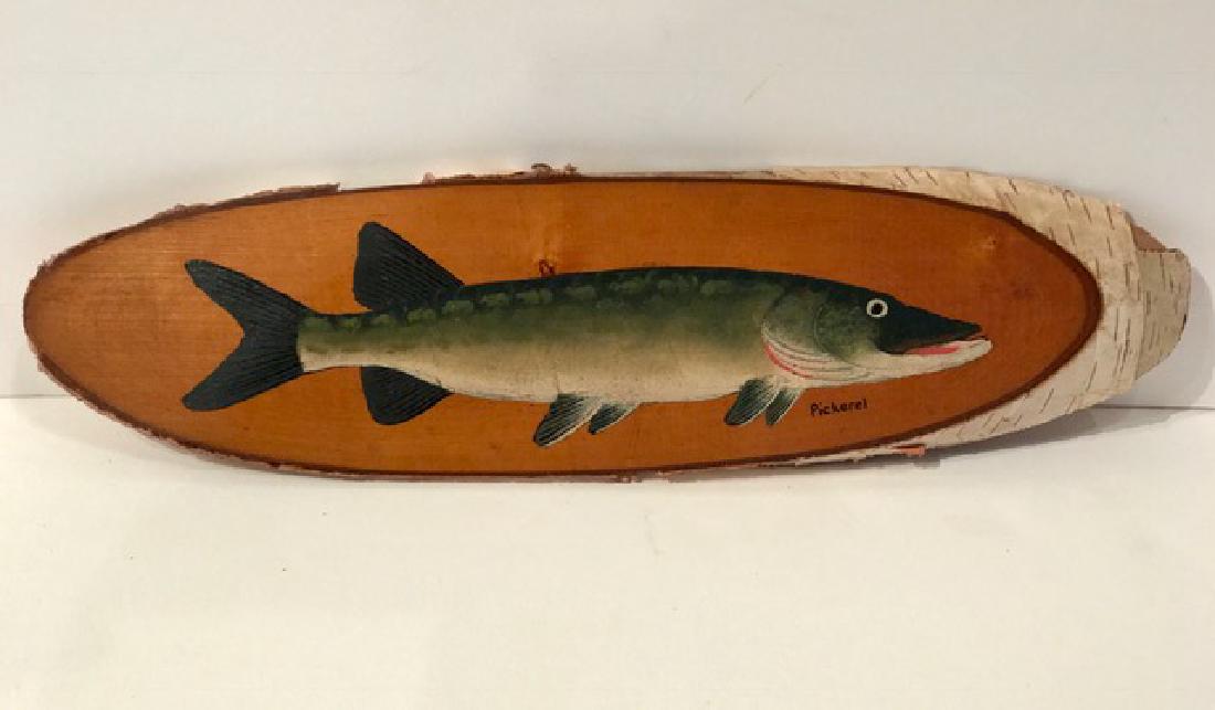 Pickerel Painting on Birch Slice, c 1920: Item: Pickerel Painting on Birch Slice Date: c.1920s Size: 5 inches high x 17 1/2 inches wide Origin: New Jersey Superbly detailed painting A folk tradition of painting on birch log slices. Please not