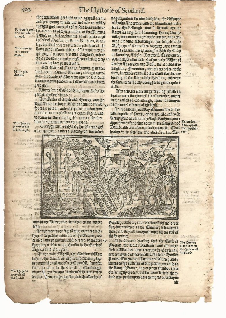 Holinshed History of Scotland Leaf with Woodcut, 1577: Item: Leaf Holinshed History of Scotland with Woodcut Date: 1577 Size: 8 x 11 inches Woodcut leaf from Raphael Holinshed "Hystorie of Scotlande" No Reserve: This lot starts at $1 and has no reserve as