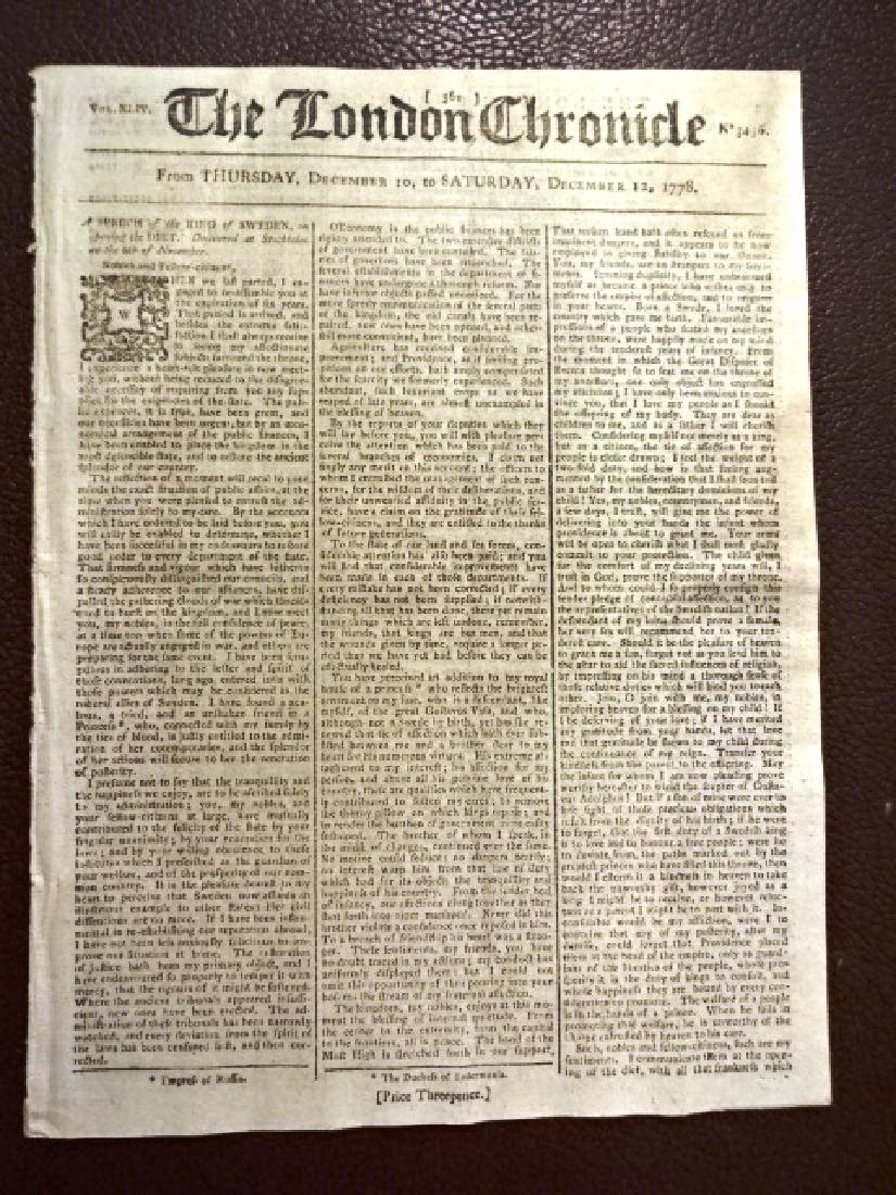 The London Chronicle Revolutionary War, 1778: Item: The London Chronicle, Revolutionary War Origin: London Date: December 10-12, 1778 Size: 8.5 x 11 inches Eight pages complete Revolutionary War debates in House of Commons, other news, ads. Pleas