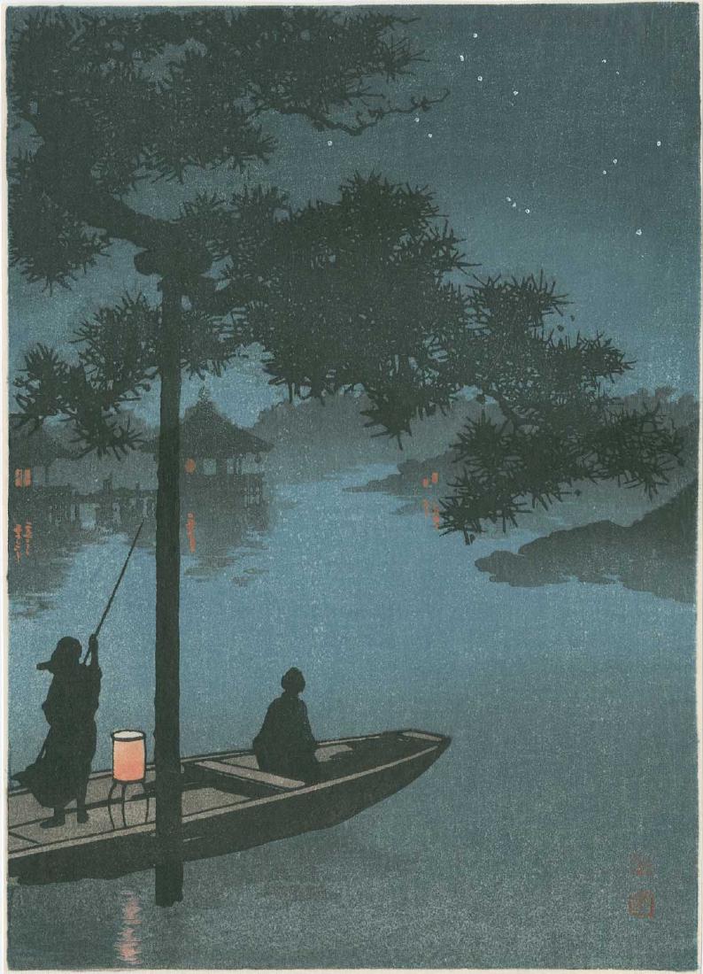 Koho Shoda: Taking the Evening Cool: Artist: Koho Shoda Title: Taking the Evening Cool Date: 1920's Medium: Japanese Woodblock Print Size: 7.4 x 10 inches Publisher: Nishinomiya from the series Night Scenes Koho Shoda (ca. 1871-1946) was