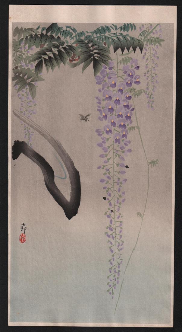 Ohara Koson: Bee & Wisteria: Artist: Ohara Koson Title: Bee & Wisteria Date: 1910's Medium: Japanese Woodblock Print Size: 7.5 x 14.5 inches Ohara Koson (1877-1945) was a Japanese painter and printmaker of the late 19th and early