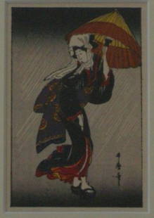 Unknown: Bijin Walking in Rain with Umbrella: Artist: Unknown Title: Bijin Walking in Rain with Umbrella Date: 1920's Medium: Japanese Woodblock Print Frame Size: 7 x 9 inches Provenance: Robert Muller Collection Shin-hanga was an art movement in