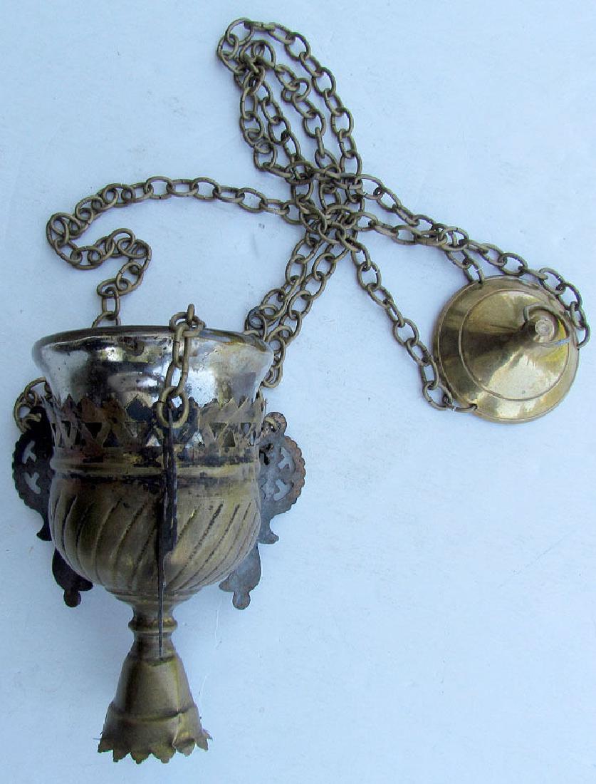 Antique Russian Brass Icon Lamp & Glass Insert, 19th C (1 of 3)