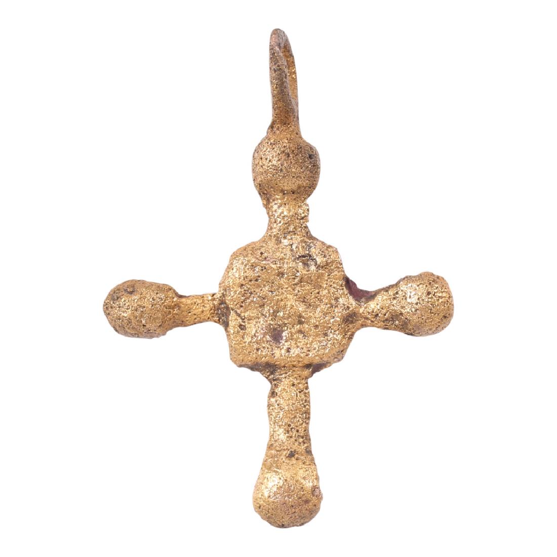 Medieval Christian Cross, 11th-12th Century: Item: Medieval Christian Cross Date: 11th-12th century Material: Gilt bronze Size: 1 inch Early Gothic form. Lobed terminal beams with the cross beam centered. The junction with a raised square each s