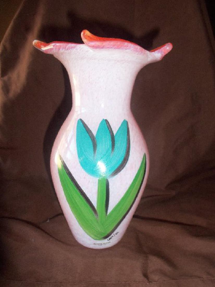 Ulrica Hydman-Vallien: Vintage Tulipa Flower Vase: Item: Vintage Tulipa Flower Vase With Soleil Top, white on orange Designer: Ulrica Hydman-Vallien Origin: Kosta Boda Sweden Date: Unknown Materials: Hand painted Size: 8.5 inches high x 5.5 inches top