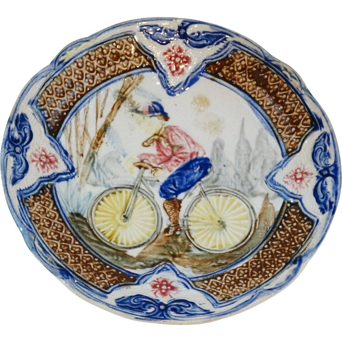 Antique Continental Majolica Plate with Bicycle, 1880 (1 of 5)