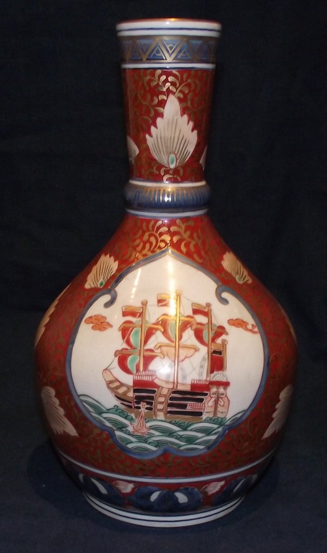 Antique Japanese Black Ship Imari Porcelain Large Vase: Item: Antique Japanese Black Ship Imari Porcelain Large Vase Black ship theme Date: Late 19th century/1900 (possibly older) Hand-painted in underglaze blue, gilt and various enamels Seal on bottom Hei