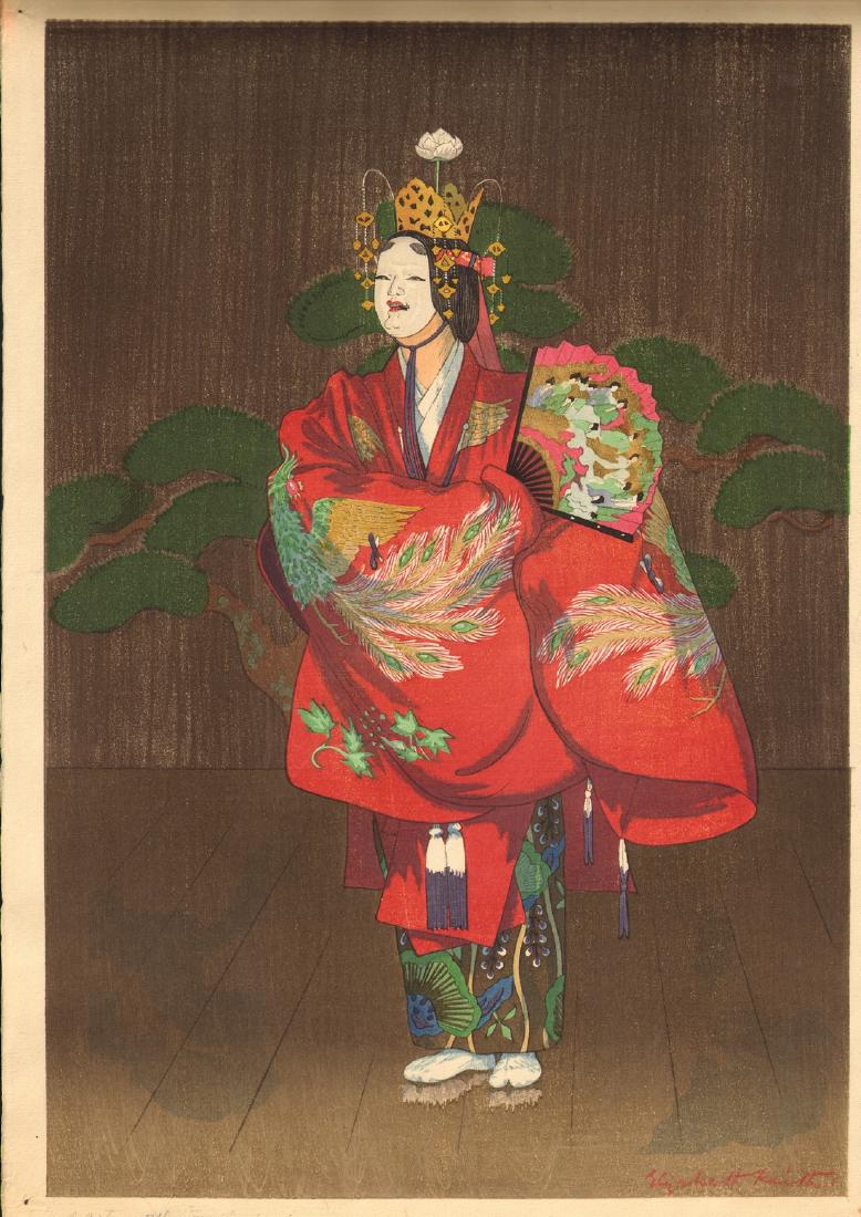 Elizabeth Keith: Shigiyama in Hagamoro: Artist: Elizabeth Keith Title: Shigiyama in Hagamoro Alternate Title: Noh Actor, Kyoto Date: 1936 Medium: Japanese Woodblock Print Size: 11.5 x 17.25 inches Publisher: Watanabe Elizabeth Keith (1887-1