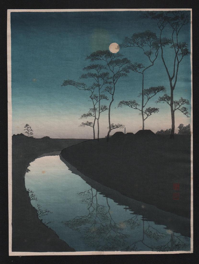 Koho Shoda: River by Moonlight: Artist: Koho Shoda Title: River by Moonlight Date: 1910's Medium: Japanese Woodblock Print Size: Chuban, 7.5 x 10 inches Koho Shoda (ca. 1871-1946) was a Japanese artist associated with the shin-hanga