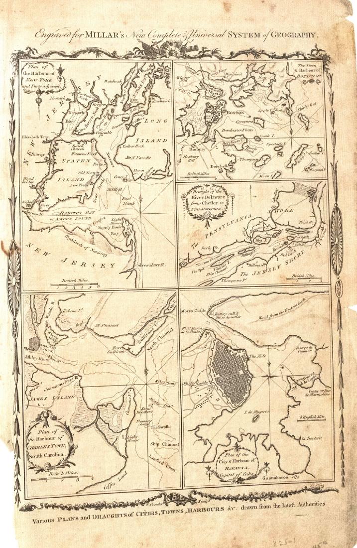 1768 Millar Map of New York, Boston, Charleston,: Title: 1768 Millar Map of New York, Boston, Charleston, Havana, Deleware River -- Plan of: the Harbour of New York; The Town and Harbour of Boston; River Deleware; Harbour of Charles Town; City and Ha