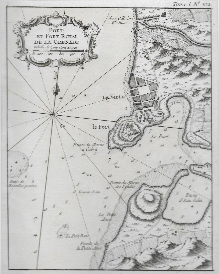Bellin: Map of Fort Royal in Grenada, 1763: Map Title: Map of Fort Royal in Grenada Maker: Jacques Bellin Printed in Paris Publishing Date: 1763 Dimensions: 9 x 11.5 inches Jacques-Nicolas Bellin(1703-1772) was a French cartographer, hydrograph