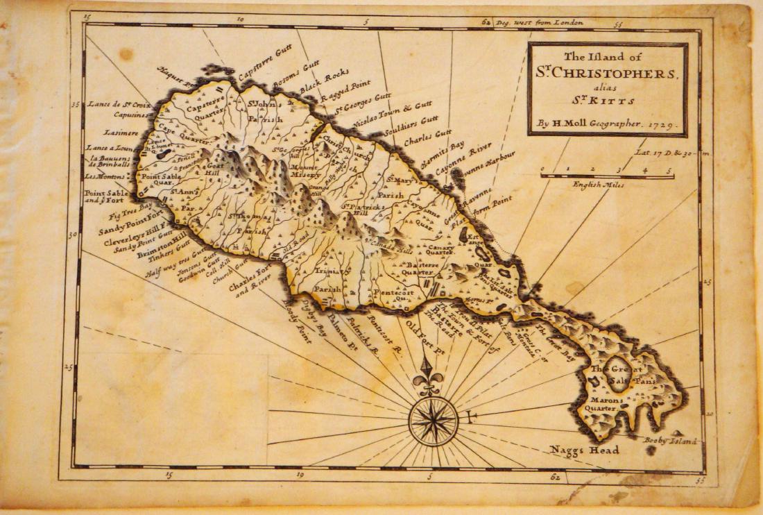 Moll: The Island of St Christophers, 1729: Map: The main island of St Kitts and Nevis in the Leeward "Islands of the Lesser Antilles Publisher: Herman Moll, London Publishing Date: 1730 Size: 8 x 10.75 inches Large compass rose. Original outli
