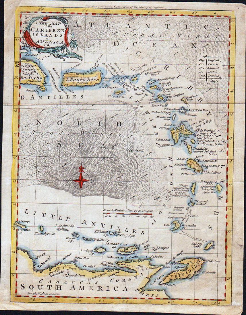Smollet: Map of the Caribbee Islands in America, 1761: Map: A New Map of the Caribbee Islands in America 1761 Maker: T. G. Smollet Size: 7.125 x 9.5 inches Map of Caribbean Islands from Hispaniola to the northern coast of South America. Includes markings 