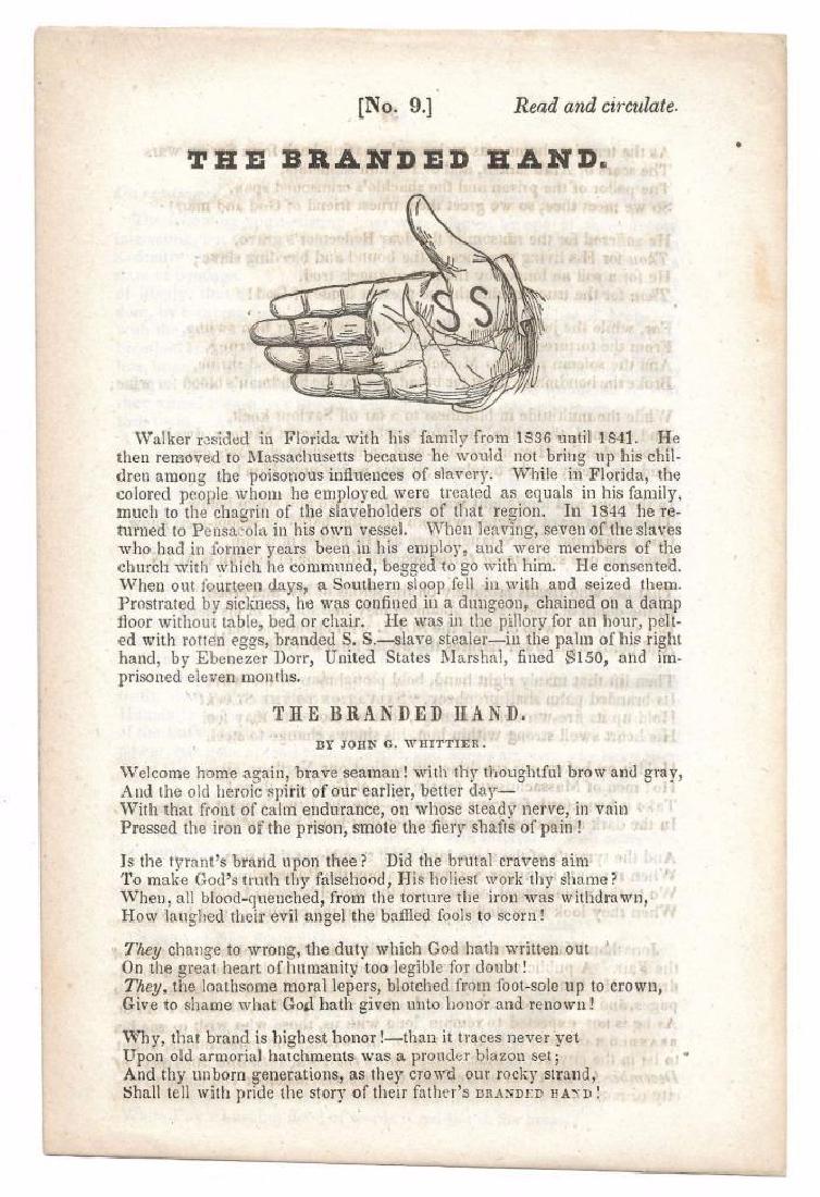 Historic Anti-Slavery Propaganda, Branded Hand, 1834: Circa 1845 Important Historic Anti-Slavery Propaganda; "The Branded Hand - No. 9 - Read and Circulate." Also includes, "Lines" by James Russell Lowell. Published by the Anti-Slavery Bugle at Salem, Co