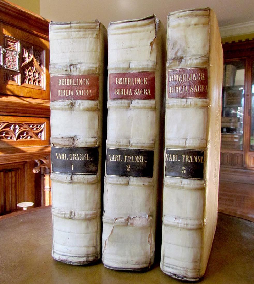 Vellum Bound Biblia Sacra Folio Books 3 Vol. Set, 1716: 1716 3 Volumes Antique Hand Tooled Vellum Bound Biblia Sacra Folio Books Set. Very good condition. Some damages to spines. 13 by 8.5 in. Printed in Antwerp. Please note that this lot has a reserve. Wh