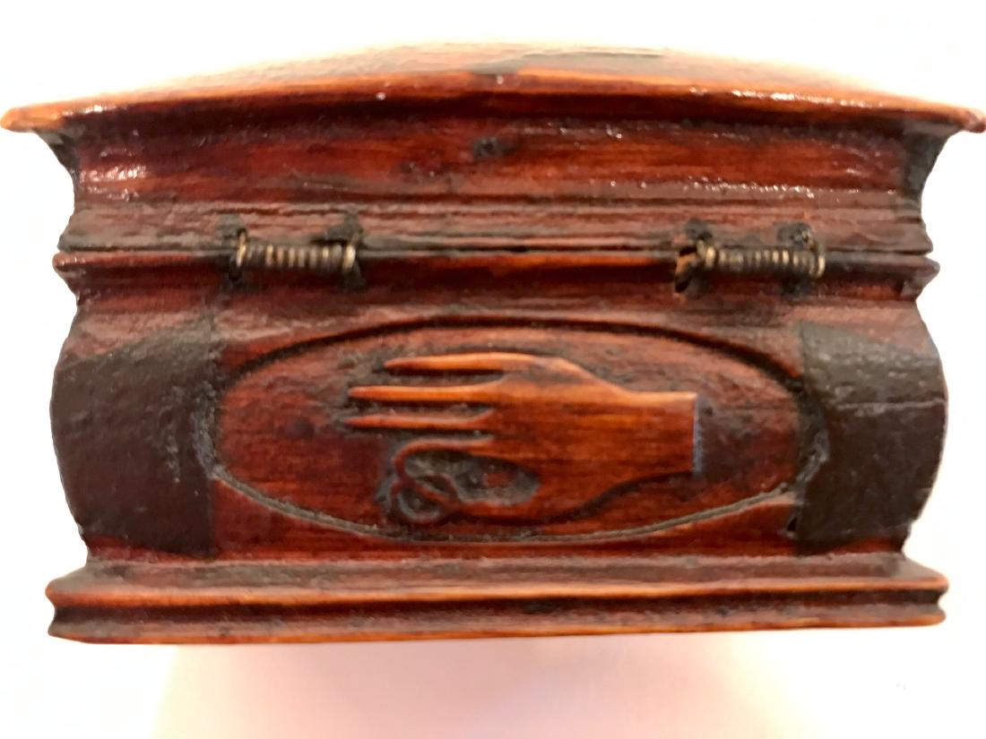 Miniature Dome Top Wedding Ring Presentation Box: Item: Miniature Dome Top Wedding Ring Presentation Box Date: c. 1880 Dimensions: 2 h x 3 w x 2 d inches Rare early dome top with hand bearing ring on back and fish (symbol of fertility) on front Pleas