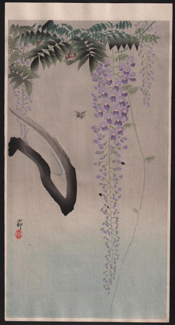 Ohara Koson: Bee & Wisteria: Artist: Ohara Koson Title: Bee & Wisteria Date: 1910's Medium: Japanese Woodblock Print Size: 7.5 x 15 inches Ohara Koson (1877-1945) was a Japanese painter and printmaker of the late 19th and early 2