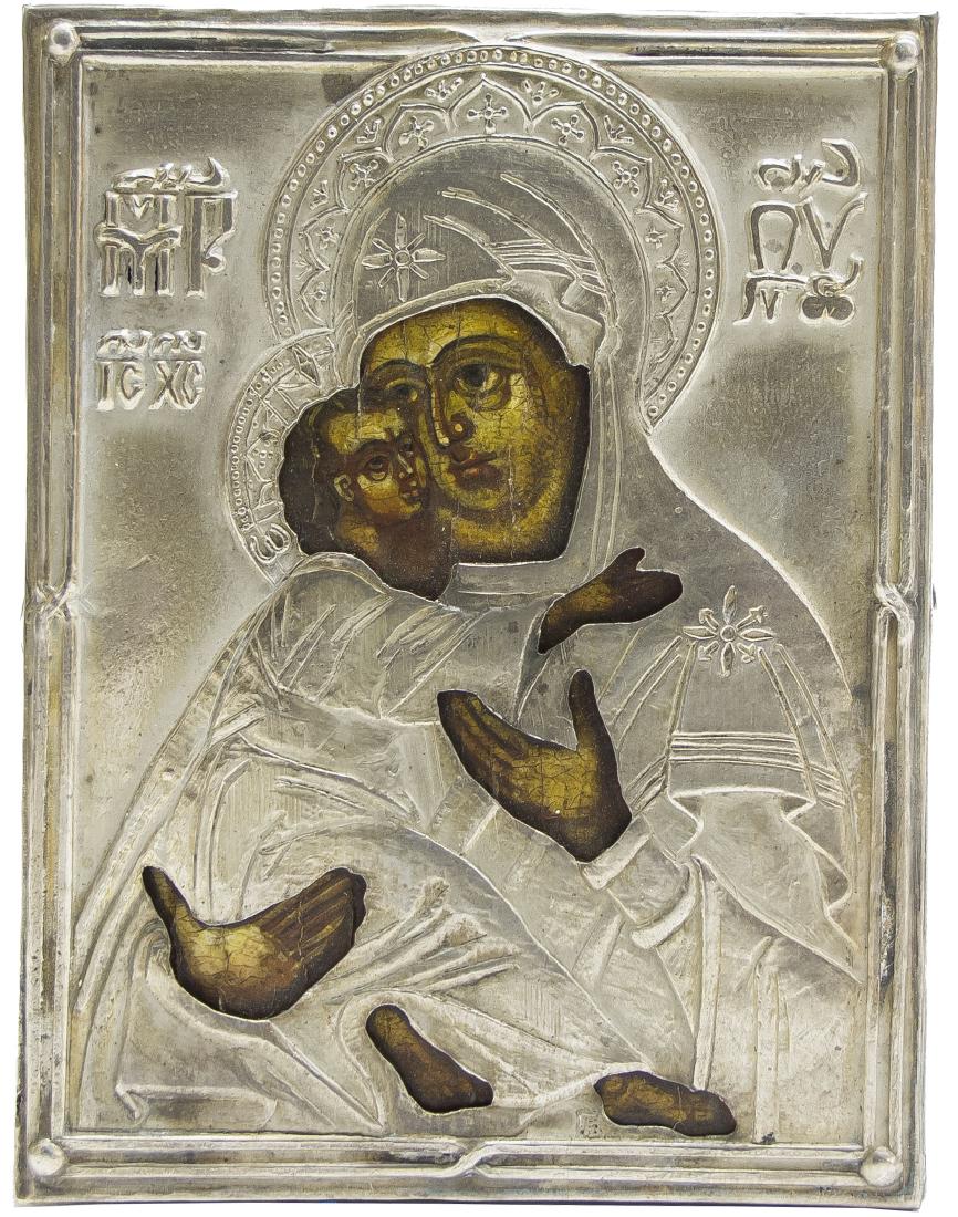 Vladimirskaya Mother of God Oklad Russian Icon, 19th C (1 of 3)