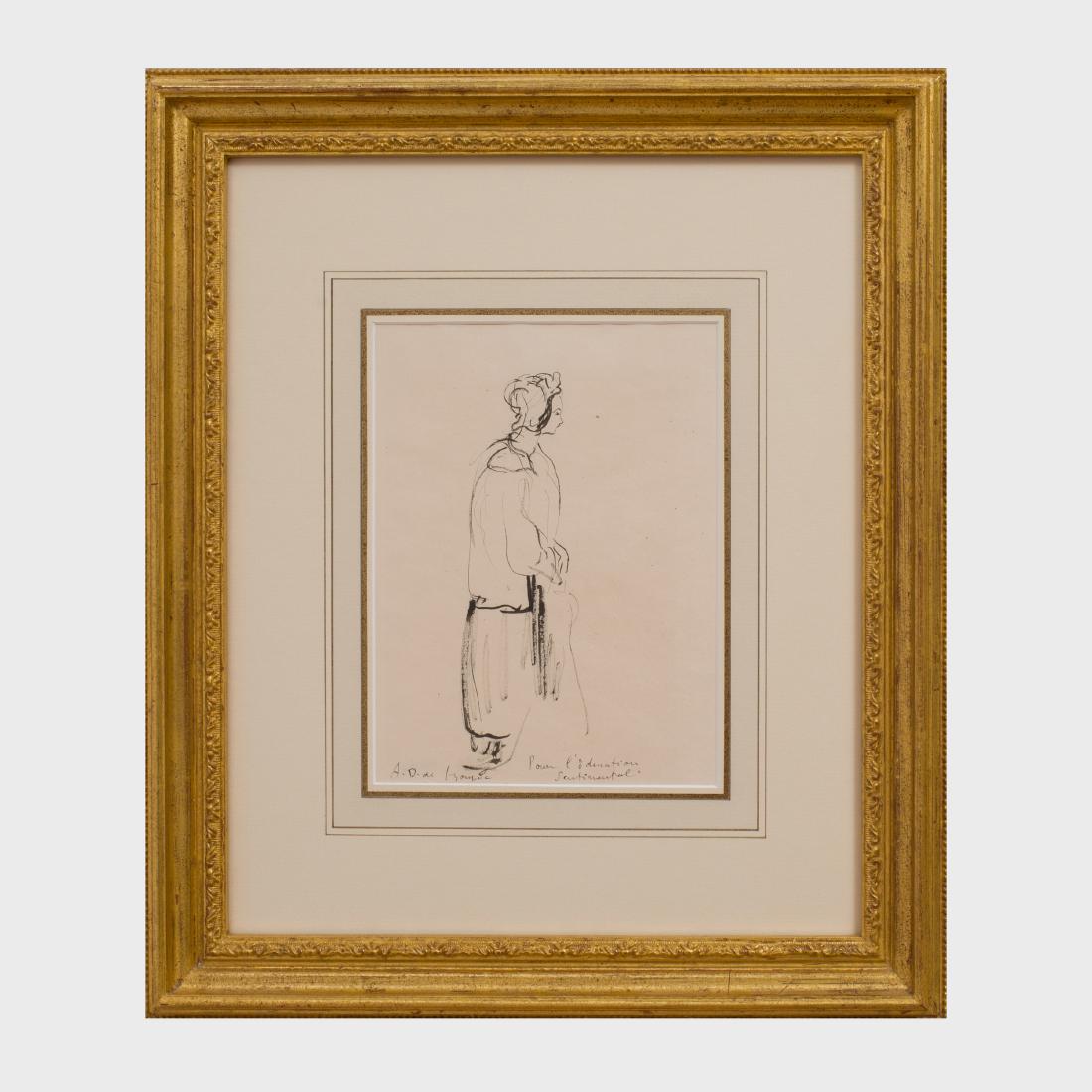 André Dunoyer de Segonzac (1884 - 1974): Etude pour: Ink on paper, signed 'A. D. de Segonzac' lower left, inscribed 'Pour l'education sentimental' lower right. 8 1/4 x 6 1/8 in. (sheet), 16 x 14 in. (frame).