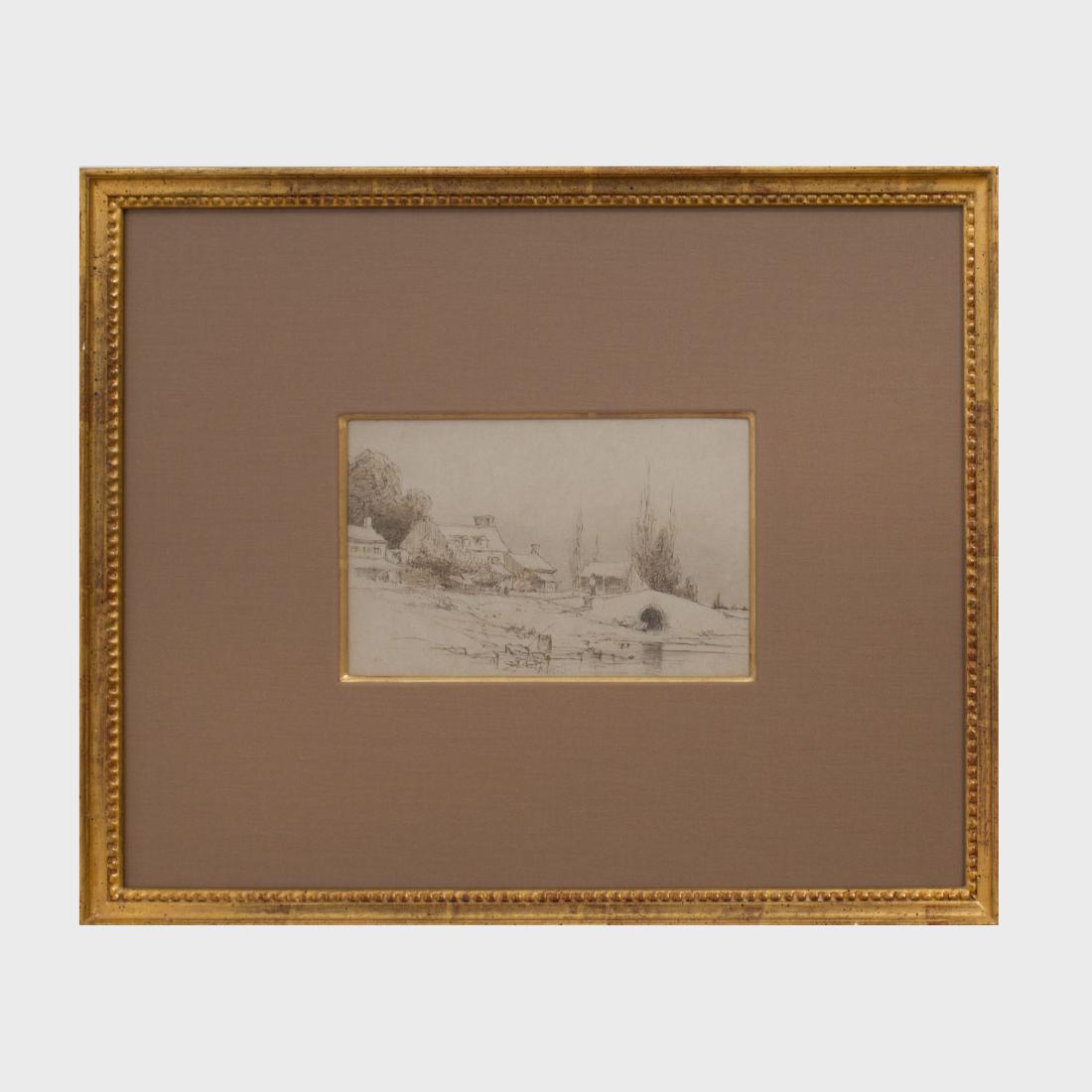 Stephen Parrish (1846 - 1938): View of Easton,: Ink and pencil on grey paper, with the artist's inkstamp on the reverse. 5 x 8 1/4 in. (sheet), 14 1/2 x 18 1/2 in. (frame).