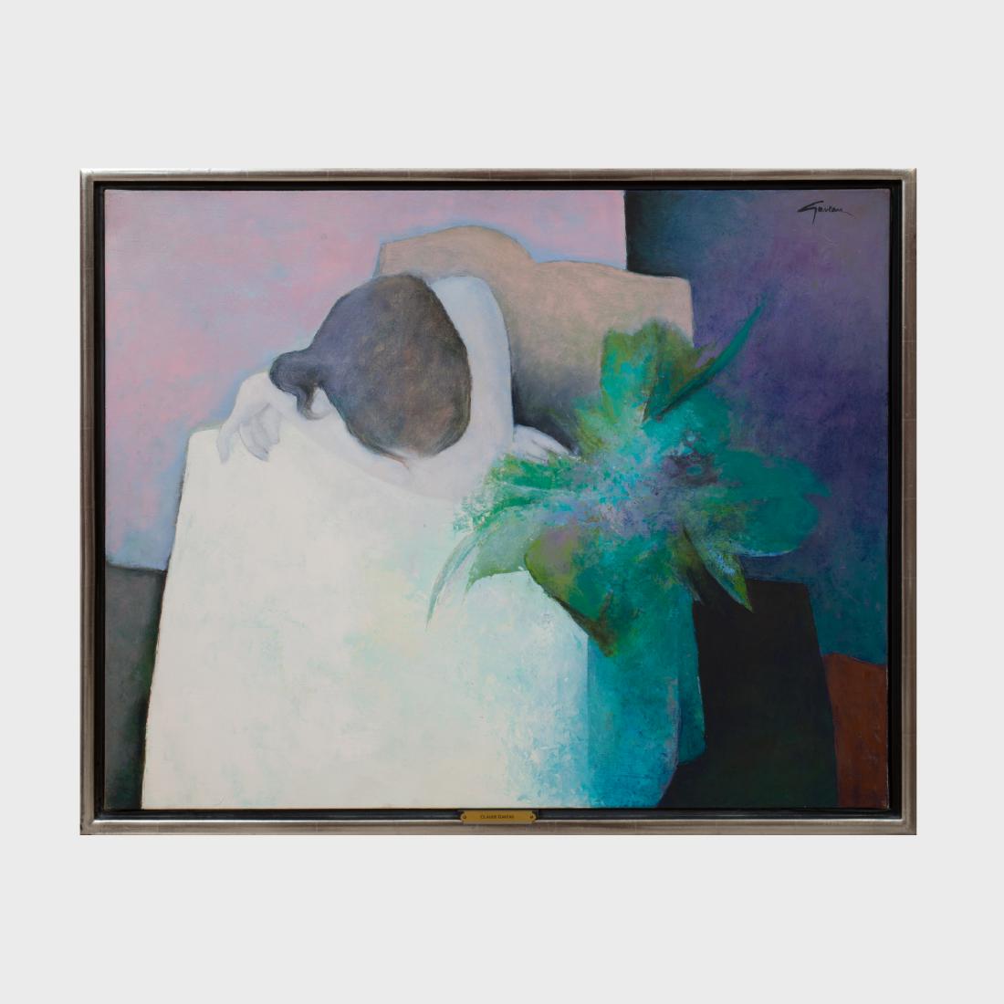 Claude Gaveau (b. 1940): Modele au bouquet vert: Oil on canvas, signed 'Gaveau' upper right, with label from Wally Findlay Galleries, NY. 25 1/2 x 32 1/2 in., 27 1/2 x 34 in. (frame).