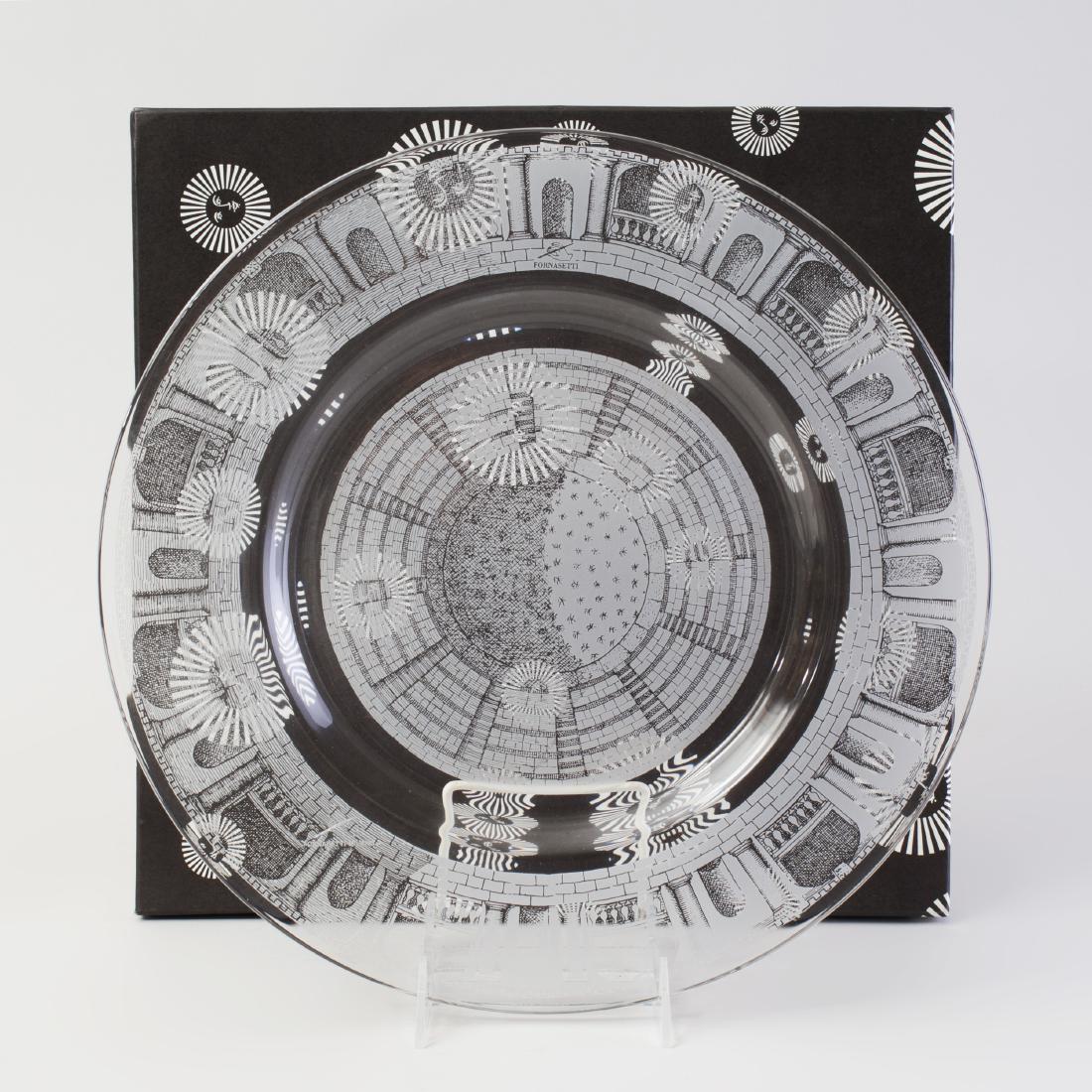 Piero Fornasetti Etched Glass Charger in the: Signed in the etched design. 13 3/4 in. diam.