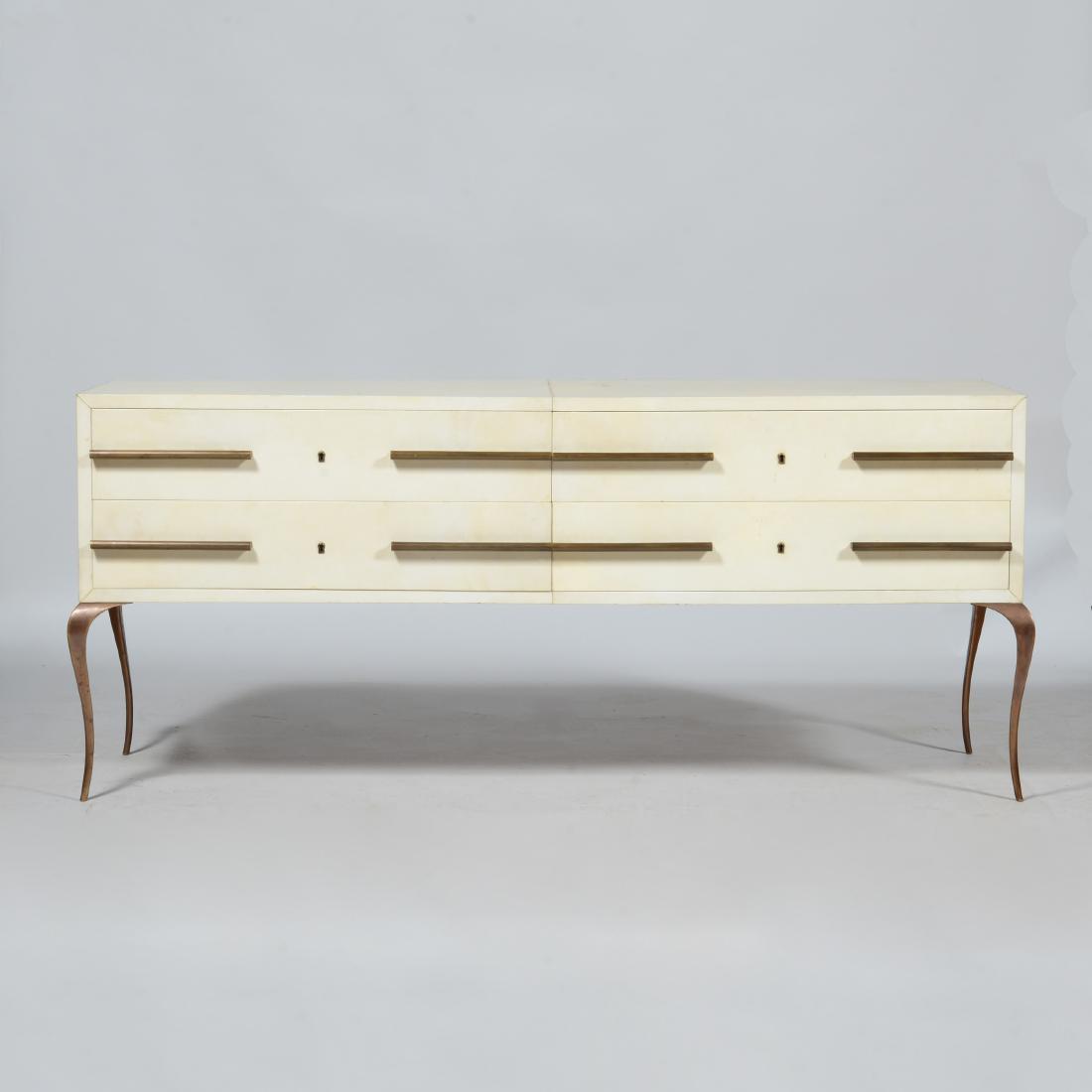 Art Deco Style Bronze and Parchment Low Sideboard and: The sideboard 27 x 63 x 19 in., the mirrors 18 3/4 x 19 in.