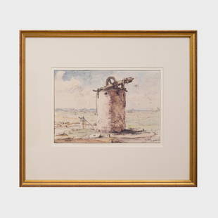 Herman Armour Webster (1878-1970): Derelict Windmill: Ink and watercolor on paper, signed with initials 'H.A.W.' lower left, with label from Eric G. Carlson, NY. 6 x 9 1/2 in. (sheet), 13 1/4 x 16 in. (frame).