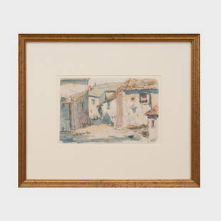 Herman Armour Webster (1878-1970): The Lower Town at: Ink and watercolor on paper, signed with initials 'H.W.' lower right, with label from Eric G. Carlson, NY.4 1/4 x 6 1/2 in. (sheet), 10 7/8 x 11 7/8 in. (frame).