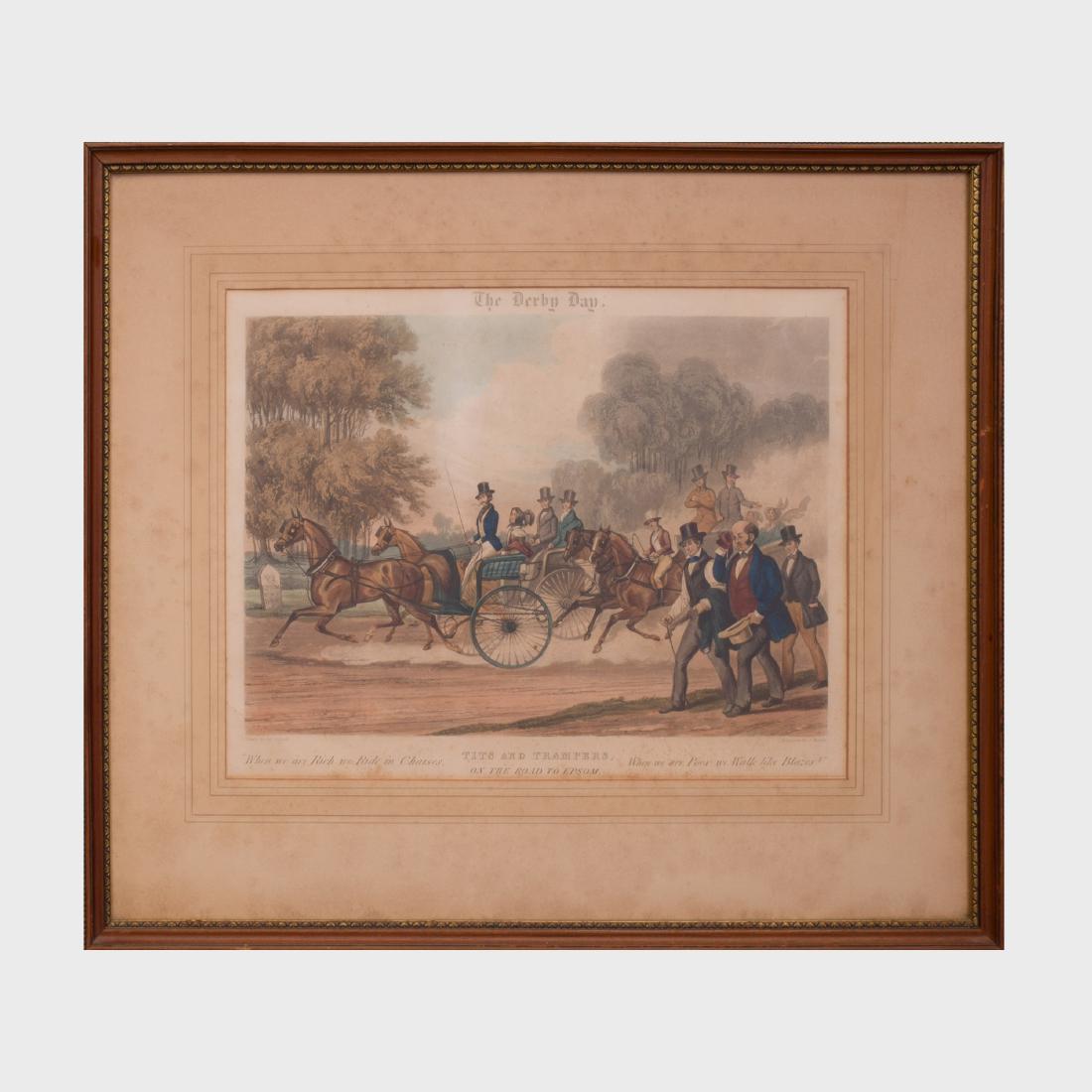 After James Pollard (1792-1867): The Grand Entrance to: Four engravings with hand-coloring on wove paper. The Grand Entrance to Hyde Park 17 3/4 x 24 in. (sight), 26 x 32 in. (frame); Epson Races 13 1/4 x 18 in. (sight), 20 x 25 in. (frame), Tits and 
