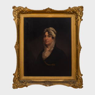 Attributed to Ezra Ames (1768-1836): Portrait Said to: Oil on canvas, unsigned, lined, with label from Room 5600 Rockefeller Plaza, NY. 29 x 23 1/2 in., 39 x 35 in. (frame). Note: Mrs. Thomas Chester, born Esther Margaret Bull, 1779 in Hartford, CT, was t
