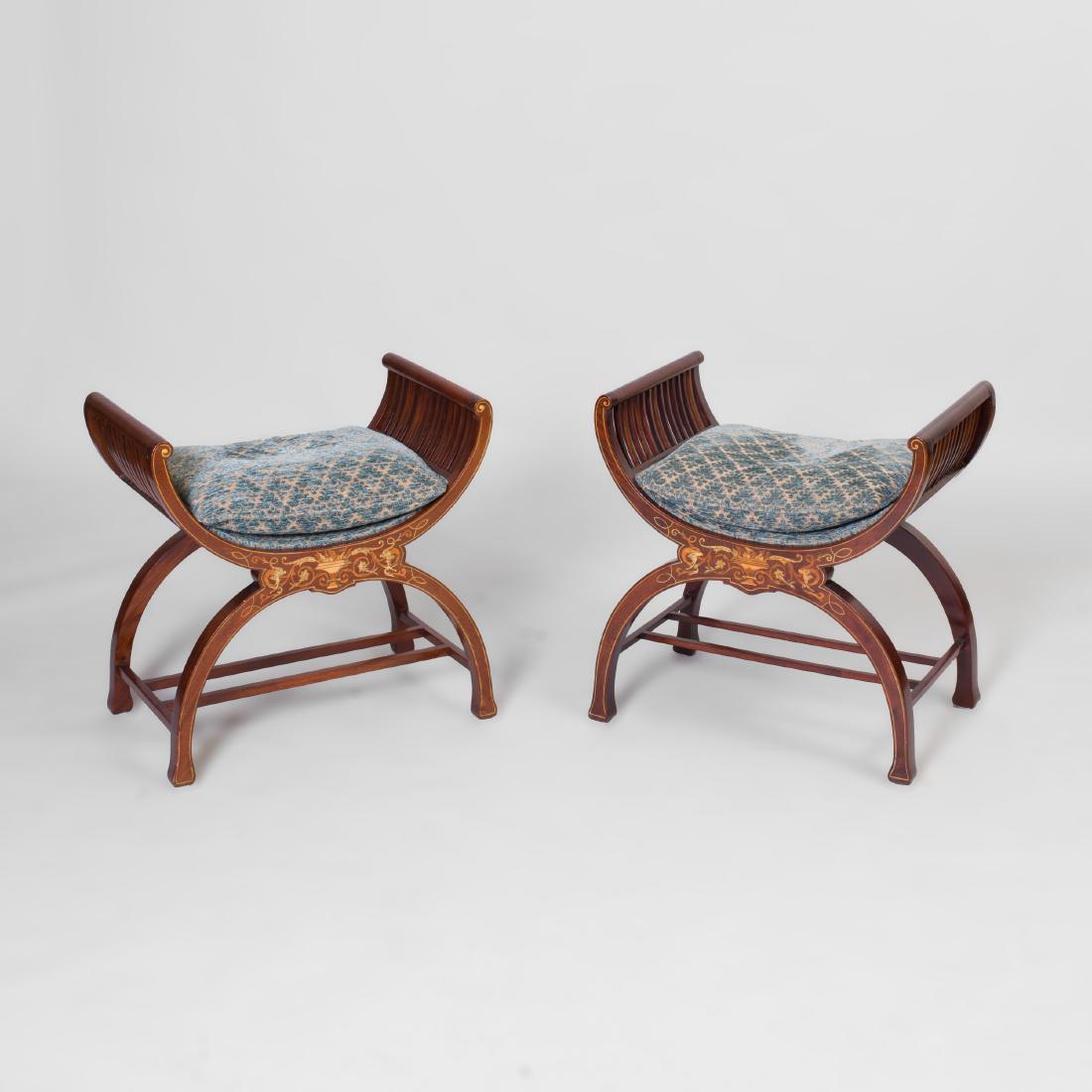 Pair of Edwardian Inlaid Mahogany Curule-Form Stools (1 of 5)