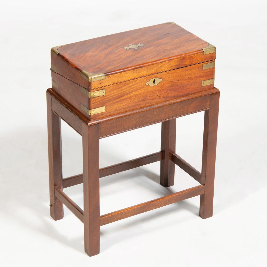 Regency Brass-Mounted Mahogany Lap Desk on Later Stand: With a paper label: "Whitehead, Cabinet-Maker, 12 Grafton Street ..... Wicklow Street. Manufacturer of Dressing Cases, Writing Desks, Work Boxes, O& cc. Plate Chests and Military Canteens." Open