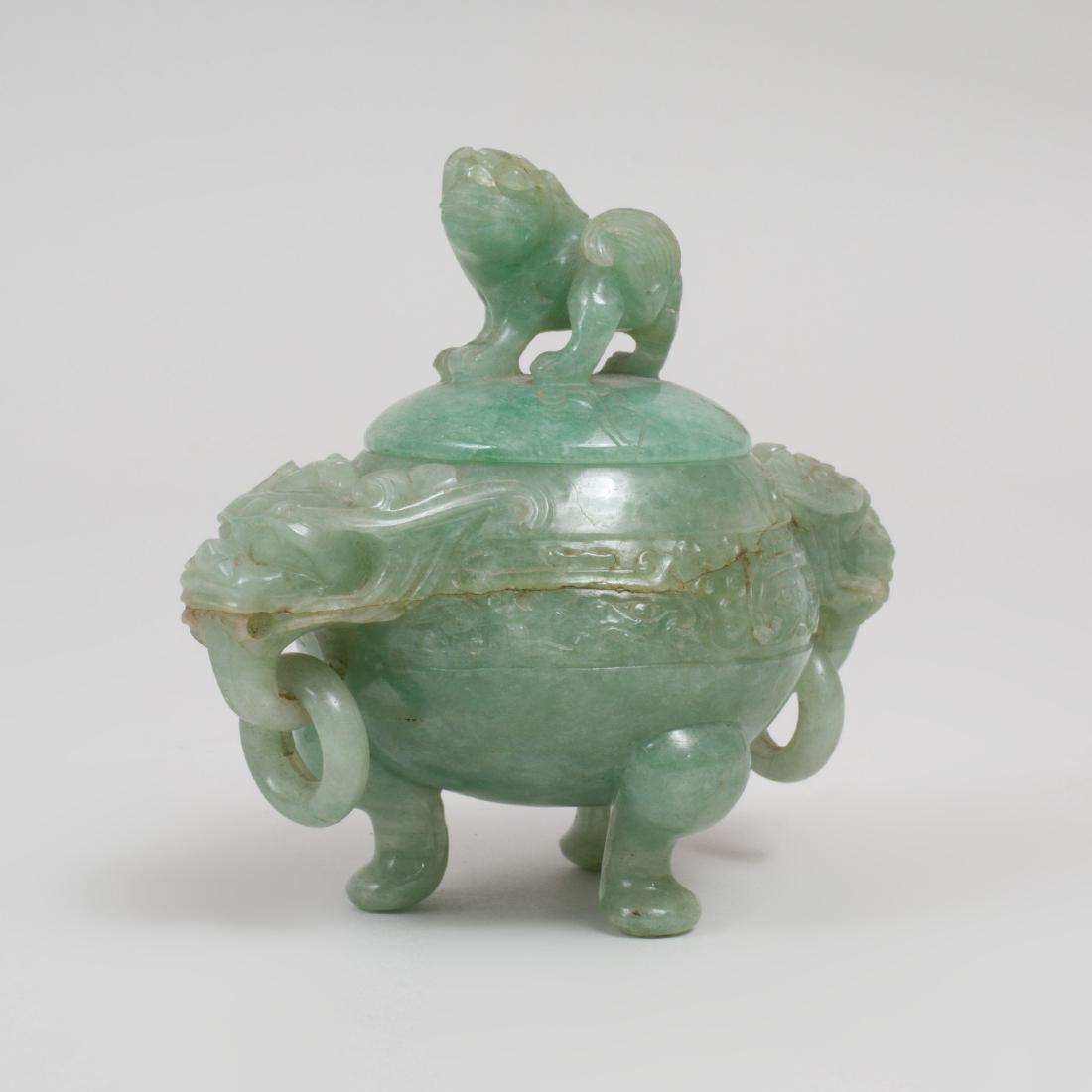 Chinese Carved Hardstone Tripod Censer and Cover with: 4 1/4 x 4 1/2 x 2 3/4 in.