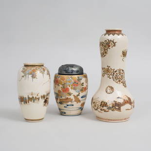 Group of Three Satsuma Porcelain Vases: The first with a gilt mark of ovoid form and decorated with a procession, the second of mallet form and decorated with auspicious symbols and scholars objects, the third with silver cover and decorate