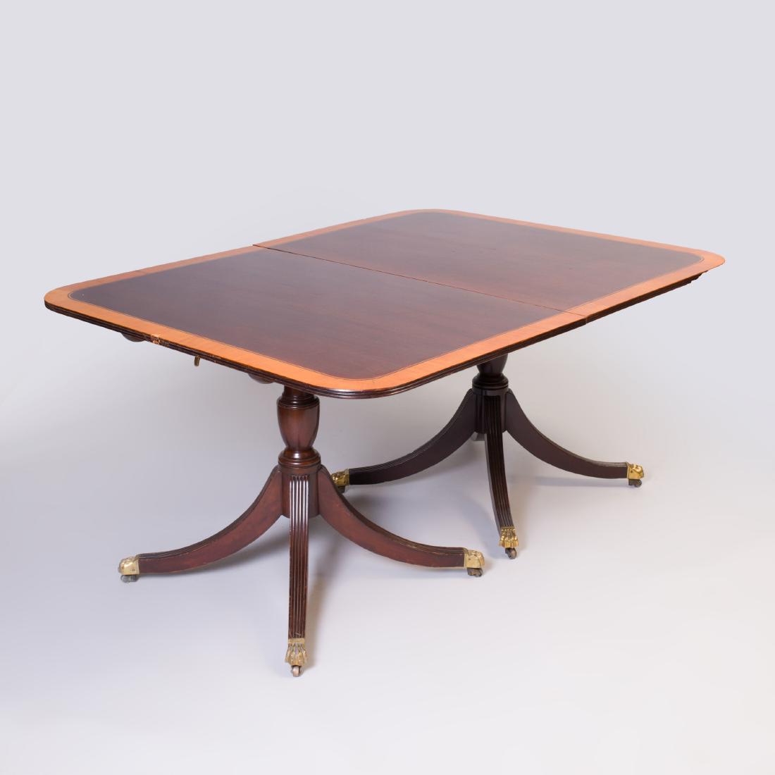 George III Style Inlaid Mahogany Two Pedestal Dining: With two leaves. 29 x 61 x 45 in. (closed), each leaf 17 in. wide.