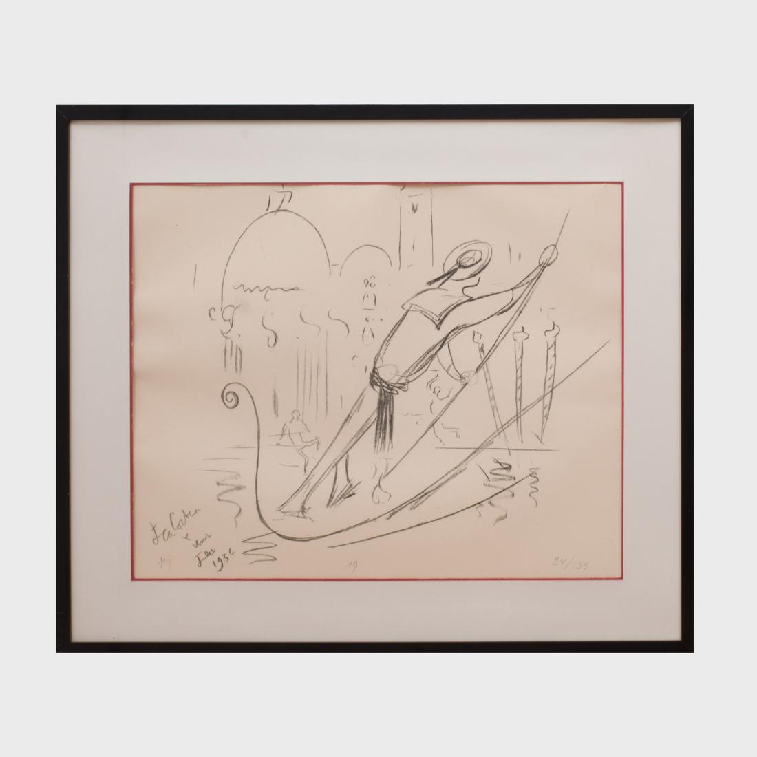 Jean Cocteau (1889-1963): Venice: Lithograph in black on Arches, 1956, signed in the plate and numbered 24/150. 19 1/2 x 25 1/2 in. (sheet), 26 1/2 x 32 /2 in. (frame).