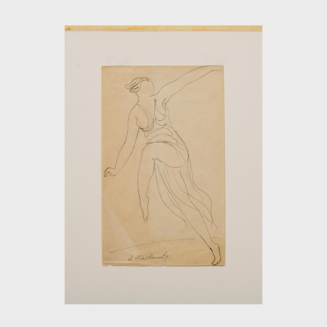 Abraham Walkowitz (1878-1965): Isadora Duncan: Ink on paper, signed 'A Walkowitz' lower left, with label from Forum Gallery, NY. 14 x 8 1/2 in. (sheet), unframed.