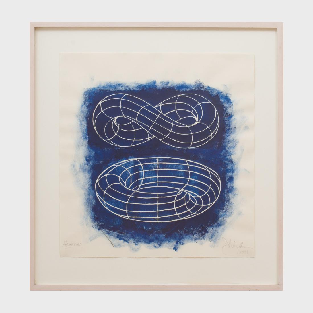 John Newman (b. 1952): Hoverings: Linocut in colors on wove paper, 1992, signed, titled and dated in pencil. 15 x 15 in. (sheet), 20 x 20 in. (frame).